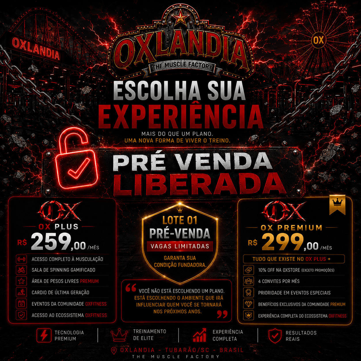Pré-venda liberada — OX Plus R$259/mês e OX Premium R$299/mês. Lote 01, vagas limitadas. Garanta sua condição fundadora.